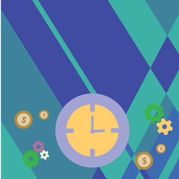 Иллюстрация красочных круглых аналоговых часов с шестеренками и иконками знака доллара плоскими. Творческий фон Идея для презентации управления временем и пустое текстовое пространство . — стоковый вектор