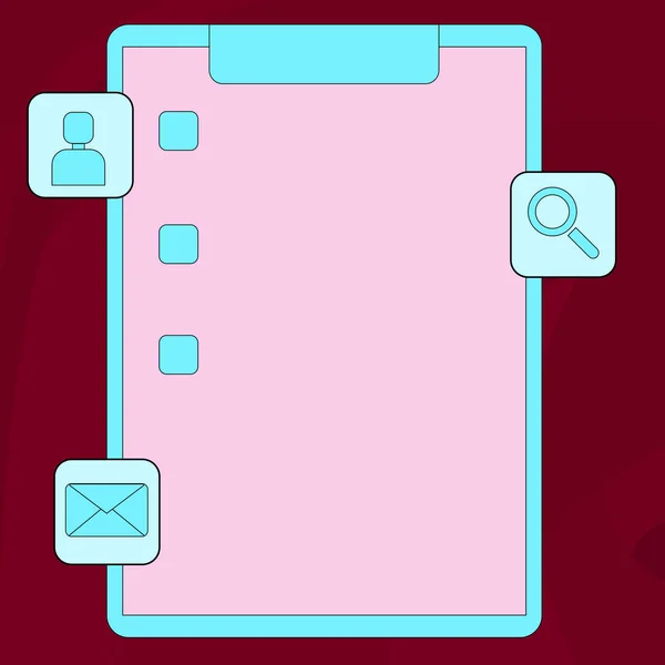 Fargerik Clipboard med Tick Box og Three Apps Icons, forstørrelsesglass, Chat Head, Envelope. Kreativ bakgrunnsangivelse for sjekkliste for vurdering, påminnelser, ajourføringer og underretning . – stockvektor