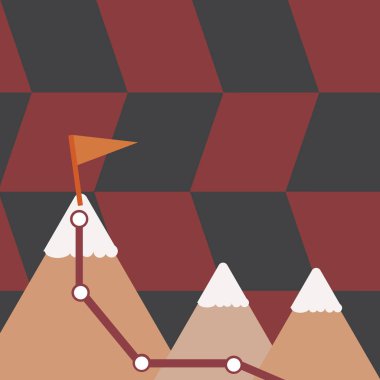 İz ile üç renkli Dağları ve bayrak bir tepe üzerinde beyaz karlı üst Illustration. Motivasyon, pozitif ve açık sorunları için yaratıcı arka plan reklam.