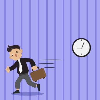 Adam kravat taşıyan evrak çantası ve hızlı yürüme. Analog duvar saati asılı ve kişi acele çalıştıran bir çanta. Yaratıcı arka plan için randevuyu, son başvuru tarihleri ve Duyurular.