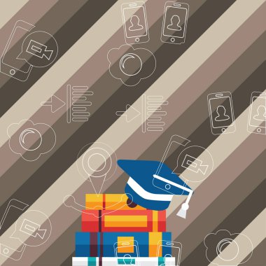 Mavi mezuniyet kap beyaz Püskül yığın kalın renkli kitap üstünde dinlenme ile Illustration. Yaratıcı arka plan fikir eğitim bildiri, Poster ve davet için.