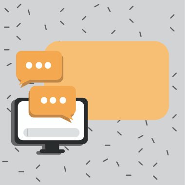 Masaüstü bilgisayar monitör ekran ilerleme çubuğu ile Stand monte. İki renkli konuşma sohbet balonları üç noktalı. Metin ve grafikler için Pastel gölgede dikdörtgen boşluk.