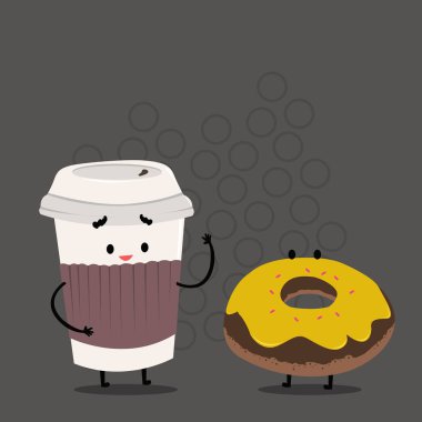 Kapak ve kol ile tek kullanımlık Kupası buzlu halka gitmek. Kahve ve tatlı çörek üst üzerine krema ile yerine getirir. Aperatif tedavi sıcak içecek ve Pastel arka plan üzerinde ekmek.