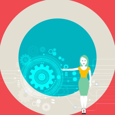 Cog Wheel dişli içinde Seo işlemine sunulması ve onu çevreleyen kadın ayakta kol genişletilmiş. Online Pazarlama ve Web içerik geliştirme için yaratıcı arka plan fikir.