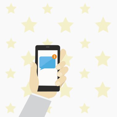 İnsan eli boş numaralı ileti ile akıllı telefon ekranında tutan Illustration. Fon olarak farklı boyutu dağınık Pastel renk yıldız. Astroloji ve reklamlar için telefon simgeleri.