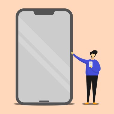 Büyük boş ekran cep telefonu parlak etkisi ile işaret ve bir gadget'ı tutan kişi ayakta. Yansıma ve açgözlü cep telefonu başka bir taraftan dev Smartphone sunan adam.