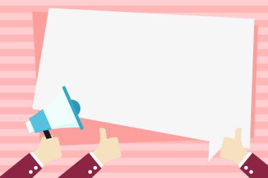 Bir yandan elinde megafon ve diğer iki başparmak yukarıya el hareketi. Boş dikdörtgen düz renk konuşma balonu şeklinde. Başarıları ve promosyonlar için yaratıcı arka plan.