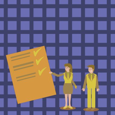 Kendine güvenen erkek ve kadın ayakta, el hareketi ve veri sunma iş elbiseli renk tahtaya rapor. Olay duyuru ve finansal tanıtımı için yaratıcı arka plan fikir.