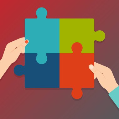 Puzzle parçaları bir araya getirmek insan erkek ve kadın eli Illustration. Dört renkli Jigsaw fayans birbirine ve Tesselating. Takım çalışması ve ortaklık için yaratıcı arka plan.