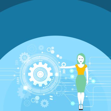 Cog Wheel dişli içinde Seo işlemine sunulması ve onu çevreleyen kadın ayakta kol genişletilmiş. Online Pazarlama ve Web içerik geliştirme için yaratıcı arka plan fikir.