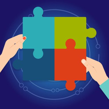 Puzzle parçaları bir araya getirmek insan erkek ve kadın eli Illustration. Dört renkli Jigsaw fayans birbirine ve Tesselating. Takım çalışması ve ortaklık için yaratıcı arka plan.