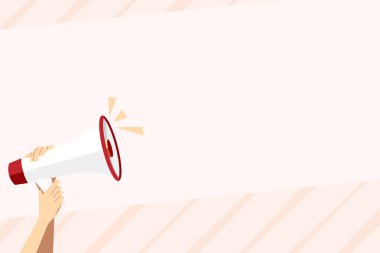 Megafon ses ayarı simgesi ile sıkıca tutan eller. Duyuru ve promosyonlar için boş Word alanı. Loudhailer kavramak kişi metin grafik için ses ve boş oda tarafından.