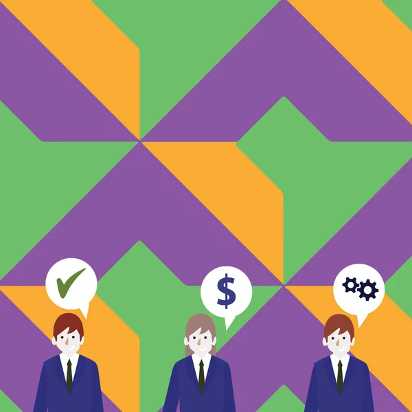 Illustration av tre affärsmän med varje har pratbubblan med optimering kostnad ikoner. Kreativ bakgrund idé för Business finansiella rapporter och Start Ups meddelanden. — Stock vektor