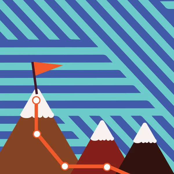 Illustration de trois montagnes colorées avec sentier et sommet enneigé blanc avec drapeau sur un seul pic. Publicité de fond créative pour la motivation, la positivité et les défis extérieurs . — Image vectorielle