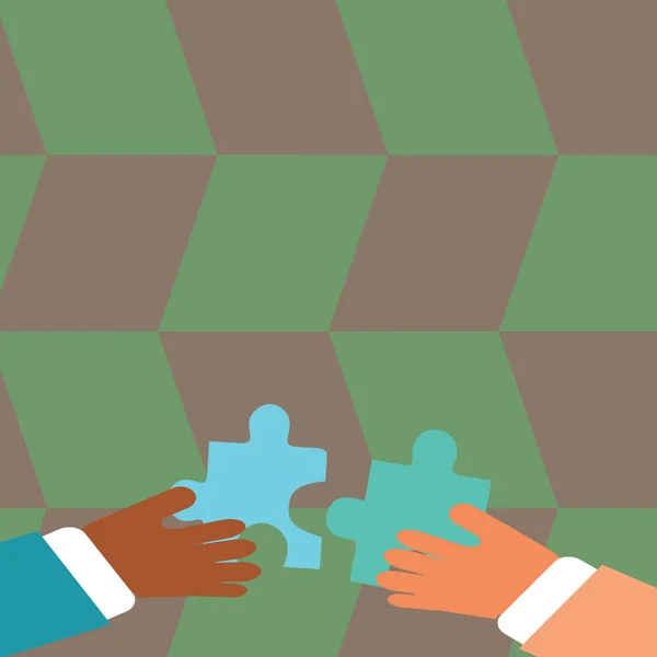 Dwóch biznesmenów ręce trzymając kolorowe kawałki z puzzli są blokady płytek. Twórczy tle nowych idei, prezentacja pracy zespołowej i ogólne zestawu reklam. — Wektor stockowy