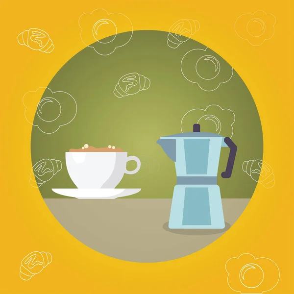 Fehér csésze és csészealj habos ital Öntetek és kávé Pot. Élelmiszer-ikonok reggeli croissant-t és a tükörtojás szétszórva. Kreatív eszme részére-étterem hirdetések és a meghívás. — Stock Vector