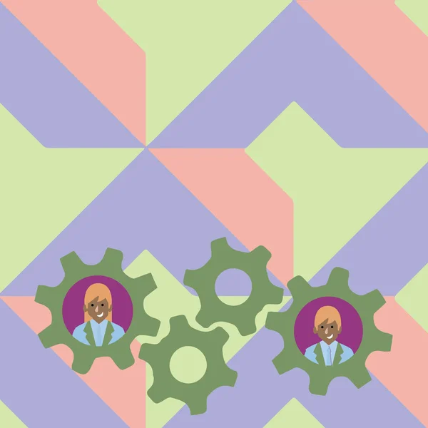 Ilustrace ze dvou obchodní lidé každý uvnitř barevné ozubená kola Gears fotografie. Myšlenka kreativní pozadí pro budování týmu, spolupráce události a zprávy o kvalitě výkonu. — Stockový vektor