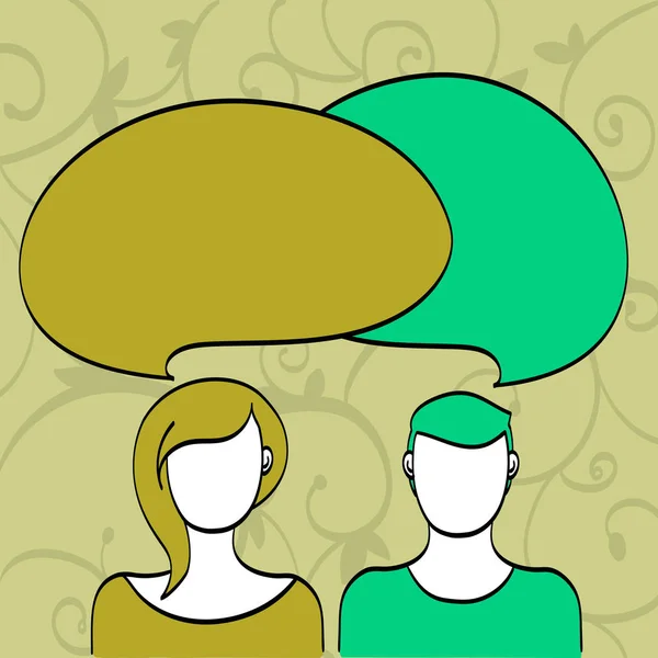 Illustrierte Figuren und leere Gesichter eines Mannes neben einer Frau mit runden, bunten zwei sich überlappenden Sprechblasen. Haare und Kleidung, die dem Farbton ihrer Textballons entsprechen. — Stockvektor