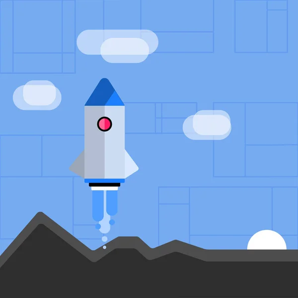 Kleurrijke ruimtevaartuig Shuttle Rocketship lancering met bergen en wolken. Creatieve achtergrond idee voor nieuwe producten, diensten en Business Startups promotie en aankondigingen. — Stockvector