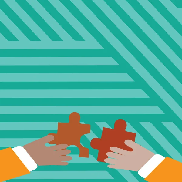 Zwei Geschäftsleute, die bunte Puzzleteile in der Hand halten, sind dabei, die Fliesen ineinander zu verzahnen. kreativer Hintergrund für neue Ideen, Teamwork-Präsentation und Mitgliederversammlungen. — Stockvektor