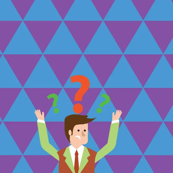 Man in Business Suit Raising Both Arms Upward Looking Confused and Question Marks Above his Head. Creative Background Idea for Informative Presentation, Advisory and Advertisement. — Stock Vector