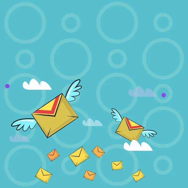 Muchos sobres voladores coloridos del correo aéreo y dos de ellos con alas para la entrega expresa. Antecedentes creativos Idea de medios de comunicación, promoción, innovación y tecnología . — Vector de stock