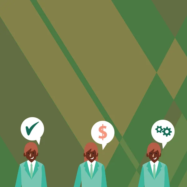 Ilustración de tres personas de negocios con cada uno tiene burbuja de habla con iconos de costo de optimización. Idea de Antecedentes Creativos para Informes Financieros Empresariales y Anuncios Start Ups . — Archivo Imágenes Vectoriales