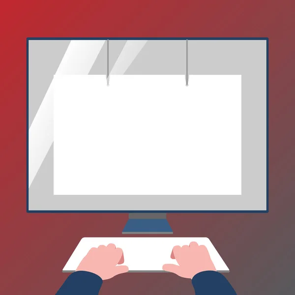 Mãos no teclado Mock Up enfrentando monitor branco em branco com protetor de tela de olho. Unidade de exibição visual vazia com reflexão montada em suporte. Efeito de vidro brilhante no computador desktop . — Vetor de Stock