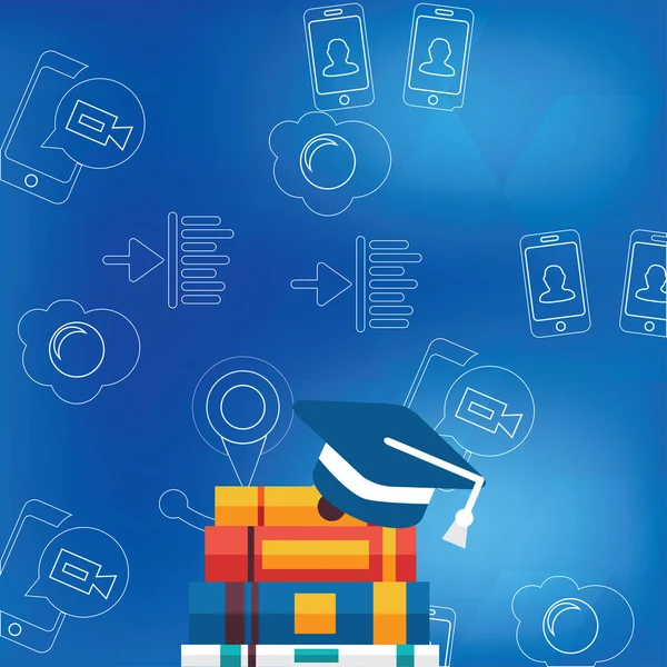 Illustration of Blue Graduation Cap with White Tassel Resting on Top of Pile of Thick Colorful Books. Creative Background Idea for Educational Announcement, Poster and Invitation. Royalty Free Stock Vectors