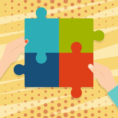 Puzzle parçaları bir araya getirmek insan erkek ve kadın eli Illustration. Dört renkli Jigsaw fayans birbirine ve Tesselating. Takım çalışması ve ortaklık için yaratıcı arka plan.