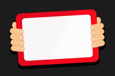 Eli boş ekran Gadget seyirci karşı karşıya Holding renk Tablet arkasında. Beyaz dokunmatik arkasından el ile akıllı telefon. Sunum ve rapor için yaratıcı arka plan.