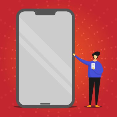 Büyük boş ekran cep telefonu parlak etkisi ile işaret ve bir gadget'ı tutan kişi ayakta. Yansıma ve açgözlü cep telefonu başka bir taraftan dev Smartphone sunan adam.