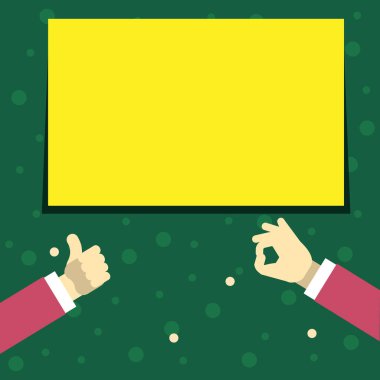 İki iş adamları el başparmak yukarıya ve iyi işareti boş beyaz dikdörtgen metin alanı ile el hareketi. Ürün ve hizmetler için yaratıcı arka plan fikir tanıtım ve duyuru.