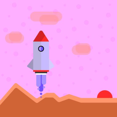 Renkli uzay aracı Servisi Rocketship dağlar ve bulutlar ile başlatma. Yeni ürünler, hizmetler ve iş başlatılması için yaratıcı arka plan fikir tanıtım ve Duyurular.