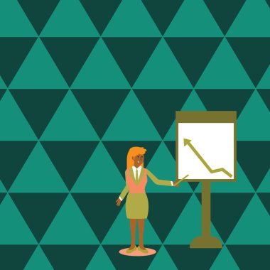 Kendine güvenen kadın iş takım elbise Holding sopa ve grafik üzerinde duran beyaz tahta çıkmayı okun işaret. Raporlama için renkli yaratıcı arka plan fikir ve sunum.