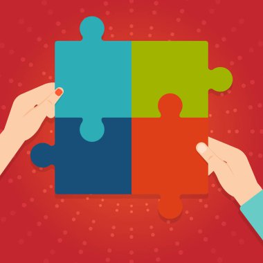 Puzzle parçaları bir araya getirmek insan erkek ve kadın eli Illustration. Dört renkli Jigsaw fayans birbirine ve Tesselating. Takım çalışması ve ortaklık için yaratıcı arka plan.