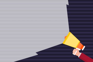 Megafon ses aracılığıyla boş geniş ışın yoğunluğunu uzanan tutan el. Hacim aralığı geniş kapsam yoluyla artan loudhailer. Duyuru için boş yaratıcı geçmiş.