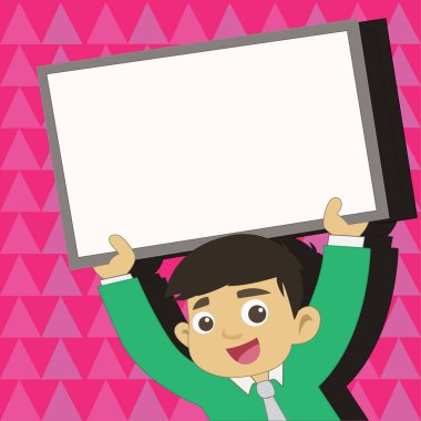 Genç erkek öğrenci boş yükseltmek tahta çerçeveli. Kravat tutarak yukarı doğru boş beyaz tahta başının üzerinde çocukta gülümseyerek. Mutlu duyuru ve temalı olaylar yaratıcı arka plan fikri.