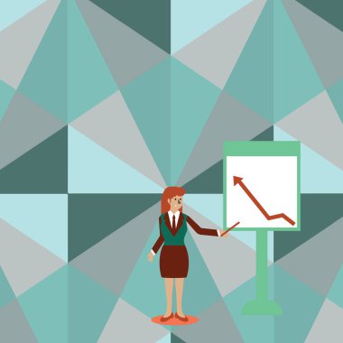 Kendine güvenen kadın iş takım elbise Holding sopa ve grafik üzerinde duran beyaz tahta çıkmayı okun işaret. Raporlama için renkli yaratıcı arka plan fikir ve sunum.