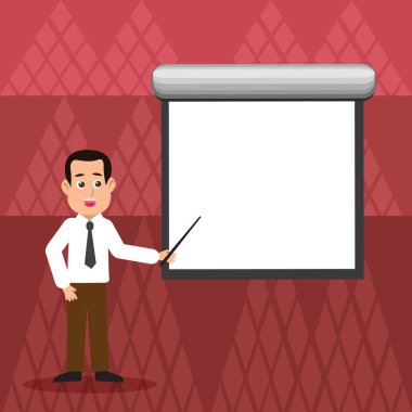 Adam kravat ayakta duvara monte boş beyaz projektör ekran işaret Stick tutarak konuşuyor. Yaratıcı zemin fikir için eğitim duyuru, sunma ve raporlama.