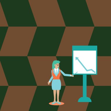 Kendine güvenen kadın iş takım elbise Holding sopa ve grafik üzerinde duran beyaz tahta çıkmayı okun işaret. Raporlama için renkli yaratıcı arka plan fikir ve sunum.