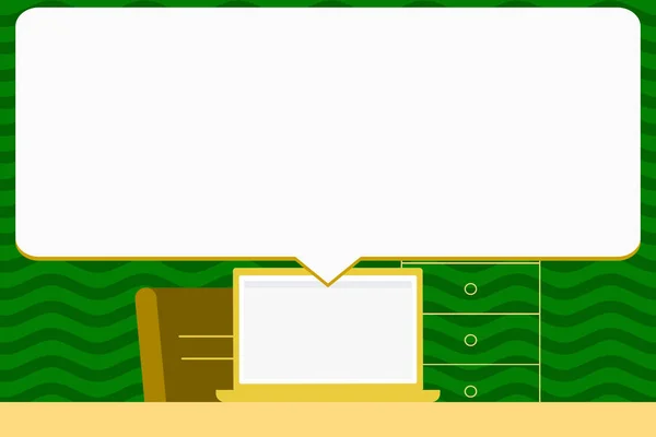 Εικονογράφηση κενό τεράστιο ορθογώνιο ομιλία συννεφάκι πάνω από το φορητό υπολογιστή. Μπαλόνι λευκό κείμενο με ουρά δείχνει στην οθόνη υπολογιστή Notebook. Κενό παράθυρο διαλόγου και το γραφείο εργασίας χώρου ιδέα. — Διανυσματικό Αρχείο