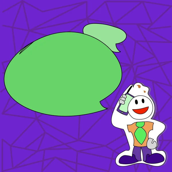 Smiley gezicht Man in stropdas Holding Smartphone op zijn hoofd. Grote en kleine blanco ronde kleurrijke tekstballon en Sticker van mannelijke glimlachend met Mobile. Creatief idee voor aankondiging. — Stockvector