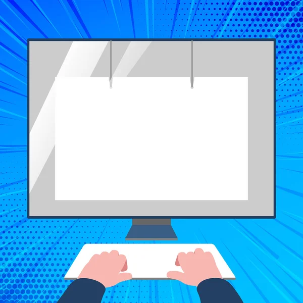 Mãos no teclado Mock Up enfrentando monitor branco em branco com protetor de tela de olho. Unidade de exibição visual vazia com reflexão montada em suporte. Efeito de vidro brilhante no computador desktop . — Vetor de Stock