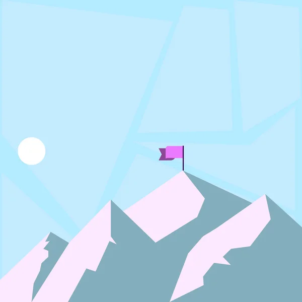 산의 봉우리 중 하나에 깃발 배너 및 시간을 나타내는 그림자와 보기. 달 또는 Sun 어둠 또는 밝은 음영 부분은 왼쪽에 위치한. — 스톡 벡터