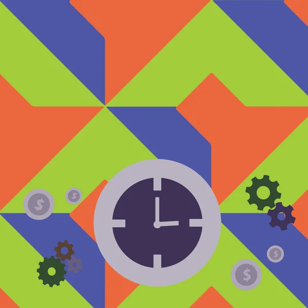 Illustration der bunten runden analogen Uhr mit Zahnradgetrieben und Dollarzeichen-Symbolen flach. Kreative Hintergrundidee für Zeitmanagement-Präsentation und Leertext. — Stockvektor