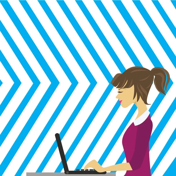 Fiatal nő ül oldalán megtekintéséhez és a munka rajta laptop illusztrációja. Kreatív háttér ötlet Online munka lehetőséget, a technikai prezentáció, a szociális média és a hálózatépítés. — Stock Vector