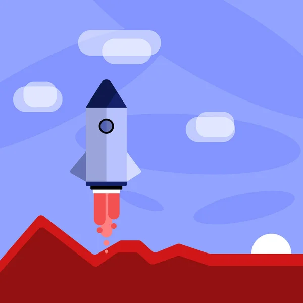 Colorida nave espacial Lanzamiento de cohetes con montañas y nubes. Idea de Antecedentes Creativos para la Promoción y Anuncios de Nuevos Productos, Servicios y Empresas . — Archivo Imágenes Vectoriales