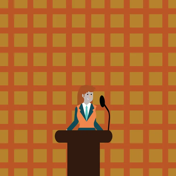 Woman in Business Suit Standing Behind Colorful Podium Rostrum photo and Speaking on Wireless Microphone. Businesswoman in Lectern Speaker Stand Talking on Built In Mic System. — Stock Vector