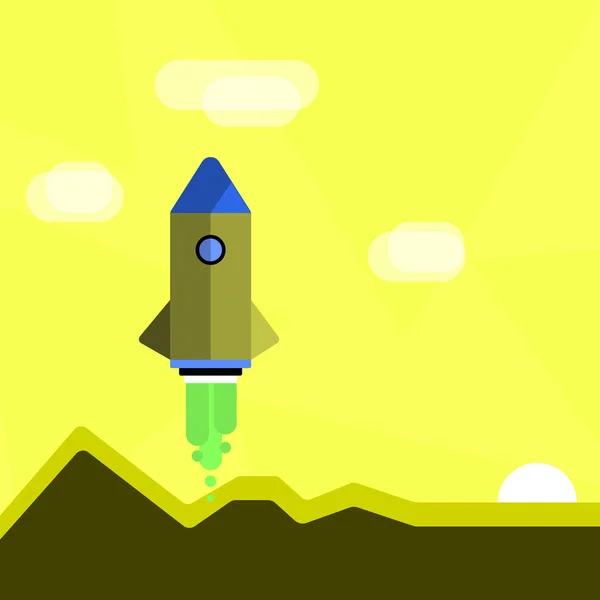 Colorida nave espacial Lanzamiento de cohetes con montañas y nubes. Idea de Antecedentes Creativos para la Promoción y Anuncios de Nuevos Productos, Servicios y Empresas . — Vector de stock